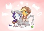  2016 alasou applejack_(mlp) ball blonde_hair blue_eyes costume duo earth_pony equine eyelashes female feral friendship_is_magic green_eyes hair horn horse lying mammal my_little_pony pony purple_hair rarity_(mlp) simple_background smile tennis_ball toy_mouse unicorn 