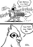  animal animal_on_head artist_name bastion_(overwatch) bird bird_on_head bullet close-up comic commentary english face firing ganymede_(overwatch) gatling_gun greyscale markraas minigun monochrome no_humans on_head overwatch robot shell_casing 