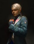  artstation_sample black_background blanche_(pokemon) dark_skin highres holding holding_poke_ball image_sample jacket looking_at_viewer miguel_mercado photorealistic poke_ball pokemon pokemon_go ponytail portrait realistic serious solo team_mystic turtleneck white_hair 