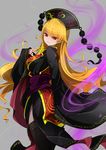  :d absurdres black_legwear blonde_hair breasts chinese_clothes crescent from_behind grey_background hat highres junko_(touhou) long_hair long_sleeves looking_at_viewer looking_back medium_breasts open_mouth pale_skin pointy_ears pom_pom_(clothes) raptor7 red_eyes red_hat sash side_slit simple_background smile solo standing tabard thighhighs touhou very_long_hair wide_sleeves 