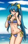  antenna_hair asortofcolorfag banana beach bikini blazblue blazblue_remix_heart blue_hair blush bow breasts cleavage cloud covered_nipples cowboy_shot day eating food fruit genderswap genderswap_(mtf) hair_between_eyes hair_bow hand_in_hair highres horizon large_breasts long_hair looking_down mai_natsume navel ocean open_mouth outdoors phallic_symbol ponytail purple_eyes reptileye ribbon saliva sexually_suggestive side-tie_bikini sidelocks sky solo standing stomach striped striped_bikini swimsuit very_long_hair yellow_bow 