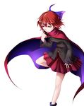  absurdres black_shirt blue_bow bow breasts cape hair_bow high_collar highres leg_up long_sleeves red_eyes red_hair red_skirt sekibanki shirt short_hair simple_background skirt small_breasts solo tatetsuki touhou white_background 