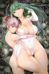  adapted_costume alternate_color ass ass_visible_through_thighs bakkanki bare_legs breasts covered_navel covered_nipples green_hair hair_over_one_eye head_wings highres hime_cut hug huge_breasts leotard lilith_aensland long_hair looking_at_viewer looking_to_the_side lying md5_mismatch morrigan_aensland multiple_girls pink_hair shoulder_blades skull small_breasts smile thong_leotard vampire_(game) yellow_eyes 