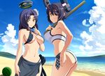  ass bare_shoulders beach bikini black_hair blue_sky breasts checkered checkered_neckwear cloud day eyepatch flower food fruit hair_intakes headgear hibiscus kantai_collection looking_at_viewer looking_back mechanical_halo medium_breasts multiple_girls nanashino navel necktie outdoors purple_hair sand sarong short_hair sky smile standing stick swimsuit tatsuta_(kantai_collection) tenryuu_(kantai_collection) water watermelon yellow_eyes 