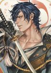  black_gloves blue_hair collarbone eyepatch gloves goriraneesan katana male_focus necktie profile shokudaikiri_mitsutada solo sword touken_ranbu weapon yellow_eyes 