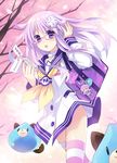  &gt;_&lt; bag bespectacled choker closed_eyes d-pad d-pad_hair_ornament dogoo flash_cards glasses hair_ornament highres keychain legs long_hair nepgear neptune_(choujigen_game_neptune) neptune_(series) official_art purple_eyes purple_hair solo striped striped_legwear thighhighs tsunako 