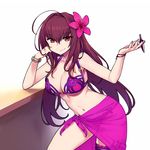  alternate_costume bikini bracelet breasts brown_hair chan_co cleavage fate/grand_order fate_(series) jewelry long_hair medium_breasts navel purple_sarong sarong scathach_(fate)_(all) scathach_(swimsuit_assassin)_(fate) solo swimsuit 