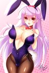  :d animal_ears bare_shoulders blush bow bowtie breast_suppress breasts bunny_ears bunny_tail bunnysuit center_opening cleavage collarbone commentary_request covered_navel cowboy_shot detached_collar drop_shadow fake_animal_ears fishnet_pantyhose fishnets highleg highleg_leotard large_breasts leotard long_hair looking_at_viewer no_bra open_mouth pantyhose purple_hair purple_leotard red_bow red_eyes red_neckwear sanom sengoku_bushouki_muramasa sidelocks signature smile solo tail toudou_takatora_(sengoku_bushouki_muramasa) twitter_username underboob very_long_hair wrist_cuffs 