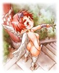  :p angel_wings ass bandaged_leg bandages blush breasts cuffs foreshortening from_above from_behind geta hairband holding leaf_fan looking_at_viewer looking_up nipples nude outdoors pillar pointy_ears red_eyes red_hair shackles short_hair sketch small_breasts solo stairs tengu-geta tongue tongue_out uchuu_teiou white_wings wings 