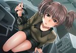  alisa_(girls_und_panzer) bad_id bad_pixiv_id bomber_jacket brown_eyes brown_hair fingernails freckles girls_und_panzer headset jacket long_fingernails looking_at_viewer military military_uniform mutsuki_yamato saunders_military_uniform short_twintails shorts solo twintails uniform 