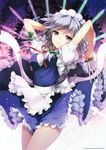 absurdres an2a apron bow braid frills grey_hair hair_bow hair_ornament highres izayoi_sakuya knife looking_at_viewer maid_headdress open_mouth puffy_sleeves purple_eyes ribbon scan short_hair short_sleeves solo touhou twin_braids wind wind_lift 
