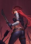  armor arrow ass belt dagger dual_wielding facial_scar fire green_eyes holding katarina_du_couteau league_of_legends lips long_hair looking_at_viewer looking_back midriff red_hair rumbee scar shoulder_armor solo spiked_belt spikes tattoo weapon 
