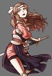  2016 armor artist_name breastplate brown_eyes brown_hair commentary dated fire_emblem fire_emblem_if gauntlets grey_background headband highres holding holding_sword holding_weapon japanese_clothes katana kazahana_(fire_emblem_if) killuba kimono long_hair looking_up obi open_mouth pelvic_curtain sash scabbard serious sheath short_kimono simple_background single_thighhigh solo sword teeth thighhighs unsheathing wavy_hair weapon 