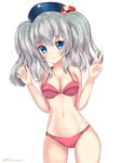  bad_id bad_pixiv_id bikini blue_eyes hat highres kantai_collection kashima_(kantai_collection) keyspace leaning long_hair navel silver_hair solo swimsuit twintails v 