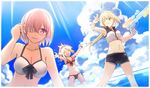  aki_(neyuki41028) alternate_costume armpits artoria_pendragon_(all) artoria_pendragon_(swimsuit_archer) bare_arms bikini blonde_hair blue_eyes breasts closed_eyes cloud cloudy_sky crop_top day fate/apocrypha fate/grand_order fate/stay_night fate_(series) front-tie_top hair_over_one_eye long_hair looking_at_viewer looking_to_the_side mash_kyrielight medium_breasts mordred_(fate)_(all) mordred_(swimsuit_rider)_(fate) mother_and_daughter multiple_girls ocean one_eye_closed open_mouth outdoors purple_eyes purple_hair red_bikini shirt short_hair short_ponytail shorts sky sleeveless sleeveless_shirt smile splashing swimsuit water_gun white_bikini 
