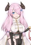  1girl belt black_gloves black_legwear blue_eyes blush braid breasts c8_toyo cow_girl cow_horns elbow_gloves female gloves granblue_fantasy hair_ornament hair_over_one_eye hairclip horns large_breasts leaning_forward long_hair looking_at_viewer miniskirt narumeia_(granblue_fantasy) pink_hair pointy_ears shirt sideboob simple_background skirt solo standing sword thighhighs weapon white_background 