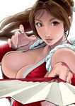  agira breasts brown_eyes cleavage close-up commentary_request fan fatal_fury folding_fan foreshortening high_ponytail large_breasts lips long_hair looking_at_viewer ninja no_bra nose pointing pointing_at_viewer rope shimenawa shiranui_mai sleeveless solo the_king_of_fighters 