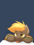 2014 blonde_hair blue_background braeburned brown_fur clothing equine fur grin hair horse male mammal my_little_pony pony simple_background sweater tongue tongue_out umber yellow_eyes 