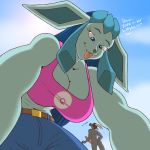  anthro big_breasts blue_eyes bovid breasts caprine clothed clothing day digital_media_(artwork) duo eeveelution erection female fully_clothed glaceon goat hi_res larger_female male mammal micro nintendo nude outside penis pok&eacute;mon pok&eacute;mon_(species) simple_background size_difference sky tongue tongue_out video_games zp92 