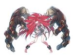  bare_shoulders barefoot blue_eyes closers full_body leaning_forward long_hair looking_at_viewer multiple_arms open_mouth red_hair solo straitjacket supernew tiptoes veronica_(closers) very_long_hair white_background 
