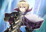  armor black_armor blonde_hair book brynhildr_(tome) capelet collar fire_emblem fire_emblem_if gloves ice kakiko210 leon_(fire_emblem_if) male_focus open_mouth red_eyes solo upper_body 