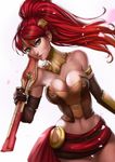  arm_guards armlet artist_name belt belt_buckle black_gloves breasts buckle cleavage collarbone cowboy_shot dandon_fuga elbow_gloves gloves green_eyes head_tilt headpiece holding holding_sword holding_weapon jewelry large_breasts long_hair navel neck_ring over_shoulder petals ponytail pyrrha_nikos red_hair red_skirt rwby simple_background skirt solo stomach strapless sword thigh_gap tubetop walking weapon white_background wide_hips 