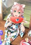  animal_ears blush breasts cat_ears cat_tail electric_fan fan food fruit ganari_ryuu green_eyes hair_between_eyes headphones headset heart_cutout highres holding holding_food holding_fruit japanese_clothes kimono large_breasts long_hair long_sleeves looking_at_viewer obi open_mouth original pink_hair sash short_kimono sitting smile solo super_tama_musume tail tamatoys watermelon 