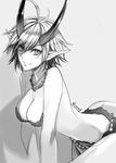  all_fours artist_name collarbone earrings greyscale horns jewelry lamia looking_at_viewer monochrome monster_girl necklace original pasties pointy_ears short_hair slit_pupils smile yutif 