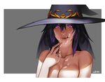  1girl black_hair breasts cleavage collarbone cum cum_on_body cum_on_breasts cum_on_fingers cum_on_upper_body facial hair_between_eyes hat large_breasts less licking_lips lips nude original out-of-frame_censoring pink_eyes purple_hair solo tongue tongue_out witch_hat 