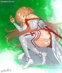  1girl 2016 armor ass asuna_(sao) bare_shoulders blush boots breastplate breasts brown_hair cameltoe crotch dated detached_sleeves eyes_closed french_braid ginko_(artist) grass half_updo light_brown_hair long_hair lying nature on_ground on_side open_mouth outdoors panties pantyshot sheathed skirt sleeping smile solo sword sword_art_online thigh_boots thighhighs thighs underwear upskirt very_long_hair weapon web_address white_legwear 