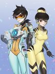  alternate_color alternate_costume b.va_(overwatch) bangs blue_background blue_bodysuit bodysuit bomber_jacket breasts brown_eyes brown_hair confetti covered_navel cowboy_shot d.va_(overwatch) dual_persona gloves goggles gradient gradient_background gun hair_bun hand_on_hip handgun harness headgear holding_hands jacket jinial lips looking_at_viewer medium_breasts multicolored multicolored_bodysuit multicolored_clothes multiple_girls orange_bodysuit overwatch parted_lips pilot_suit short_hair smile spiked_hair tracer_(overwatch) weapon yellow_bodysuit 