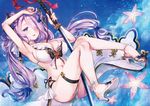  arm_up armpits between_breasts between_legs bikini blue_background blue_eyes braid breasts butterfly_ornament cloud double_bun draph floating floating_hair frills full_body granblue_fantasy hair_ornament hair_over_one_eye high_heels holding holding_sword holding_weapon horns katana large_breasts lavender_hair light_particles long_hair looking_at_viewer midair namanie narmaya_(granblue_fantasy) navel parted_lips pointy_ears purple_hair red_ribbon ribbon shoes side-tie_bikini smile solo stomach swimsuit sword thigh_strap twin_braids unsheathed weapon white_bikini white_footwear 