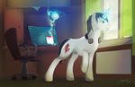  beverage black_hair blue_eyes chair coffee computer cutie_mark day detailed_background equine fan_character feral fur hair headphones hi_res hooves horn inside magic male mammal mechagen my_little_pony smile solo standing unicorn white_fur 