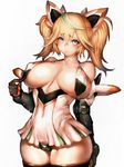  blonde_hair blue_eyes breasts covered_nipples dress fumio_(rsqkr) gene_(pso2) gloves large_breasts lips long_hair looking_at_viewer microdress phantasy_star phantasy_star_online_2 pout simple_background solo thick_thighs thighs twintails white_background 