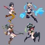  archery arrow black_hair black_legwear blonde_hair boots bow_(weapon) demon_horns elf hat horns lowres mechanical_arm multiple_girls original pixel_art pointy_ears red_hair shirosu spikes thighhighs weapon wizard_hat 