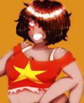 commentary_request extra_arms freckles fusion gem hair_over_one_eye highres midriff off_shoulder shiny shiny_hair shiny_skin short_hair smokey_quartz_(steven_universe) solo steven_universe washiko 