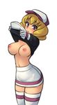  black_shirt blonde_hair blurry blush breasts cowboy_shot domino_(pokemon) gloves hat large_breasts looking_at_viewer miniskirt monorus nipples no_bra pokemon pokemon_(anime) purple_eyes shirt shirt_lift simple_background skirt solo striped striped_legwear thighhighs undressing white_background white_gloves zettai_ryouiki 