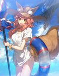  animal_ears beach breasts chocoan closed_umbrella cloud day ears_through_headwear fang fate/extra fate/grand_order fate_(series) fox_ears fox_tail innertube long_hair looking_at_viewer medium_breasts ocean open_mouth outdoors pink_hair shirt sky smile solo standing swimsuit tail tamamo_(fate)_(all) tamamo_no_mae_(fate) tamamo_no_mae_(swimsuit_lancer)_(fate) umbrella water yellow_eyes 