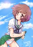  akiyama_yukari artist_name bangs blouse brown_eyes brown_hair cloud cloudy_sky cowboy_shot crotch_seam dated day girls_und_panzer green_skirt kisaragi_miyuki leaning_forward lifted_by_self light_smile long_sleeves looking_to_the_side messy_hair miniskirt neckerchief ooarai_school_uniform panties pleated_skirt school_uniform serafuku short_hair signature skirt skirt_lift sky sleeves_rolled_up solo standing twitter_username underwear wet wet_clothes white_blouse white_panties wringing_clothes 