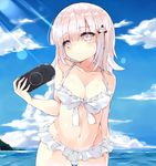  bikini breasts cleavage danganronpa frilled_bikini frills handheld_game_console kanari_no_binetsu leaning_forward medium_breasts nanami_chiaki ocean pink_eyes pink_hair playstation_portable short_hair solo super_danganronpa_2 swimsuit 