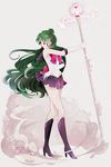  2016 bishoujo_senshi_sailor_moon black_footwear black_skirt boots bow dated earrings elbow_gloves full_body garnet_rod gloves green_hair hair_bun happy_birthday holding holding_staff jewelry knee_boots long_hair looking_away meiou_setsuna pleated_skirt pluto_symbol red_bow sailor_collar sailor_pluto sailor_senshi_uniform signature skirt solo staff standing tiara white_gloves yukinami_(paru26i) 