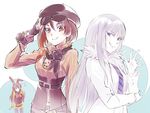  animal_ears asymmetrical_hair beret blue_eyes brown_eyes brown_hair bunny_ears coco_adel corset fur_trim grin hat iesupa itou_shizuka jormungand koko_hekmatyar long_sleeves multiple_girls namesake pale_skin rwby scarf seiyuu_connection smile sunglasses velvet_scarlatina white_hair 