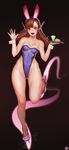  adapted_costume animal_ears blue_leotard breasts brown_hair bunny_ears bunnysuit cleavage d.va_(overwatch) highleg highleg_leotard highres instant_ip leotard medium_breasts open_mouth overwatch smile solo tray whisker_markings wrist_cuffs 