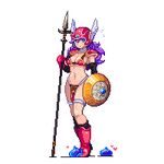  armor bikini_armor blue_eyes breasts cleavage dragon_quest dragon_quest_iii elbow_gloves gloves halberd helmet large_breasts long_hair lowres navel pixel_art polearm purple_hair red_armor revealing_clothes shield shirosu slime slime_(dragon_quest) soldier_(dq3) solo weapon winged_helmet 