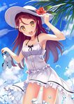  :d blush breasts cleavage cloud day dress flower hair_ornament hand_on_headwear hat hat_flower highres holding holding_shoes long_hair love_live! love_live!_sunshine!! medium_breasts open_mouth panties pantyshot red_hair sakurauchi_riko sandals_removed shoes sky smile solo sun_hat sundress underwear water yellow_eyes yongheng_zhi_wu 