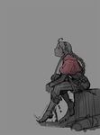  2016 ahoge artist_name belt boots bow_(weapon) braid capelet commentary dated eponine_(fire_emblem_if) fire_emblem fire_emblem_if grey_background hairband killuba long_hair looking_up monochrome profile simple_background sitting sitting_on_tree_stump sketch solo spot_color tree_stump weapon 