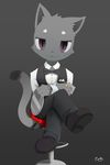  anthro bar_stool bedroom_eyes bow_tie cat clothing condom crossed_legs cute_fangs feline formal front_view half-closed_eyes looking_at_viewer male mammal nekokagebevil pinup pose seductive serving_tray signature sitting smile solo vest whiskers wristwatch 
