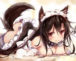  alternate_costume animal_ears ass bare_shoulders blush breasts brown_hair chain cleavage collar cup detached_collar drinking_glass efe enmaided gloves imaizumi_kagerou leash long_hair looking_at_viewer lying maid maid_headdress md5_mismatch medium_breasts on_floor red_eyes solo tail tears touhou very_long_hair white_gloves wolf_ears wolf_tail 