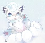  alolan_vulpix ambiguous_gender blue_eyes feral fur hair lying multi_tail nintendo open_mouth pawpads paws pok&eacute;mon rag._(artist) snow solo video_games watermark white_fur white_hair 