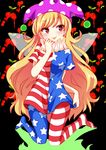  absurdres american_flag_dress american_flag_legwear bad_id bad_pixiv_id blonde_hair blush chako_(chakoxxx) clownpiece fairy_wings full_body hat highres jester_cap long_hair looking_away neck_ruff pantyhose polka_dot red_eyes shirt short_sleeves smile solo star star_print striped striped_legwear tongue tongue_out touhou very_long_hair wings 